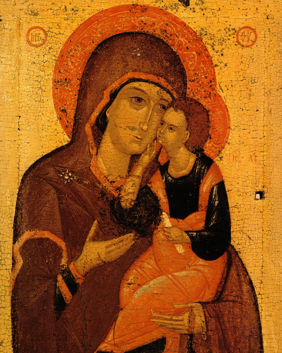 БОГОМАТЕРЬ УМИЛЕНИЕ (ЛЮБЯТОВСКАЯ). НАЧАЛО XV ВЕКА. ГОСУДАРСТВЕННАЯ ТРЕТЬЯКОВСКАЯ ГАЛЕРЕЯ, МОСКВА