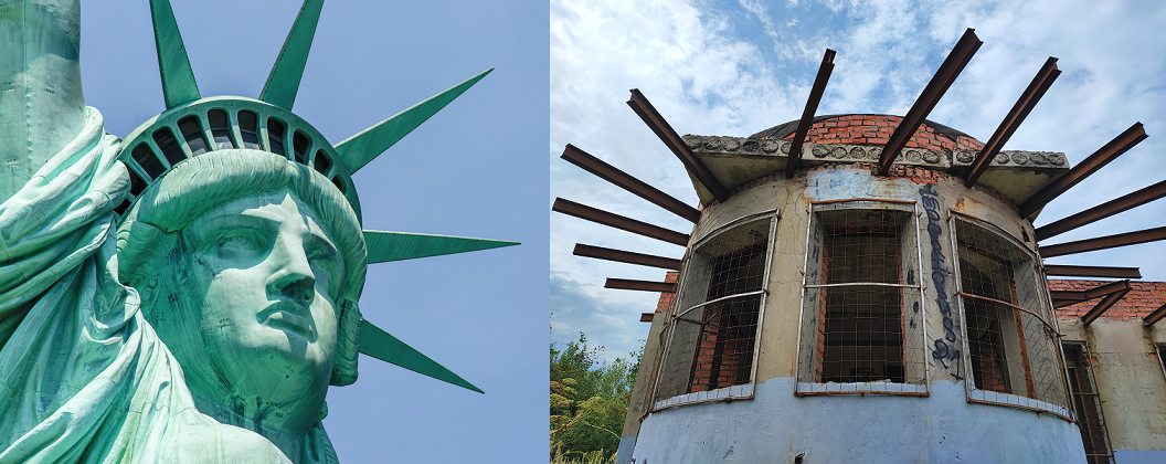 Заброшенный пост ГАИ и статуя Свободы