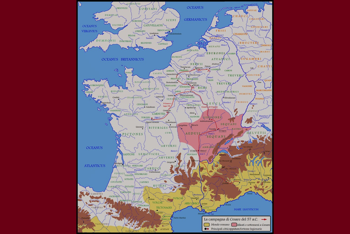 Ситуация в Галлии на момент второго года войны. Розовым обозначена захваченная римлянами область в 58 году 