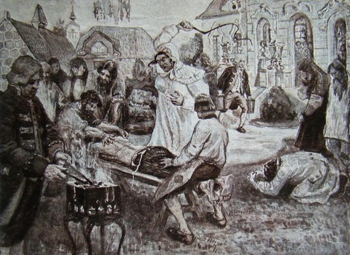 Иллюстрация работы В. Н. Курдюмова к энциклопедическому изданию «Великая реформа», на которой изображены истязания Салтычихи «по возможности в мягких тонах»