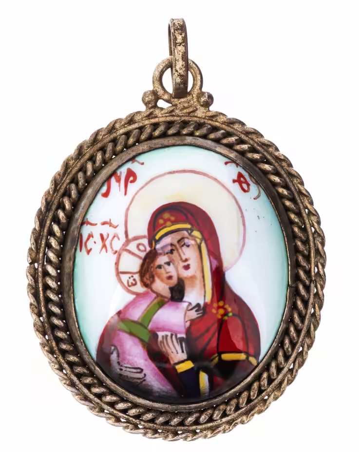 Икона нательная "Владимирская Божия Матерь", металл, Ростовская финифть, Россия, 2000-2015 гг.