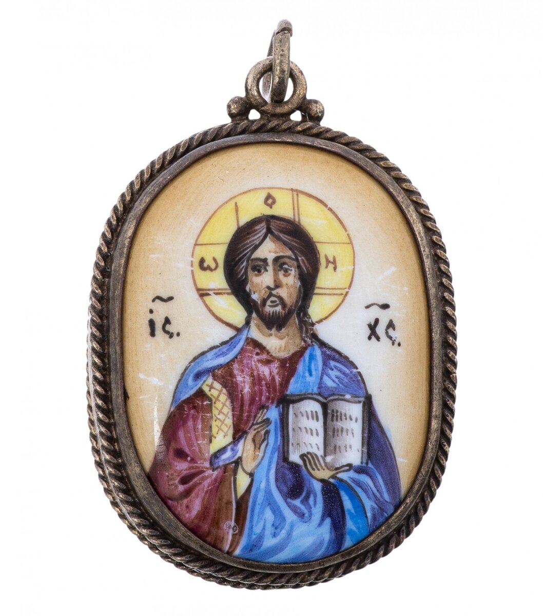 Кулон-локет (подвеска) "Господь Вседержитель", горячая эмаль, надглазурные краски, мельхиор, Ростовская финифть, СССР, 1980-1990 гг.