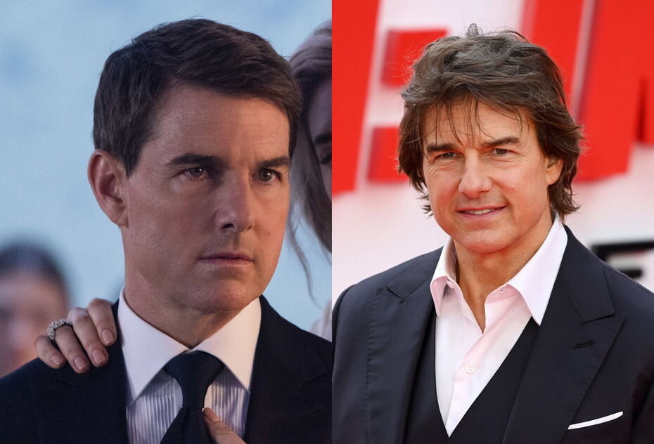 Слева: Том Круз в фильме «Миссия невыполнима: Смертельная расплата. Часть первая», справа: Том Круз в жизни