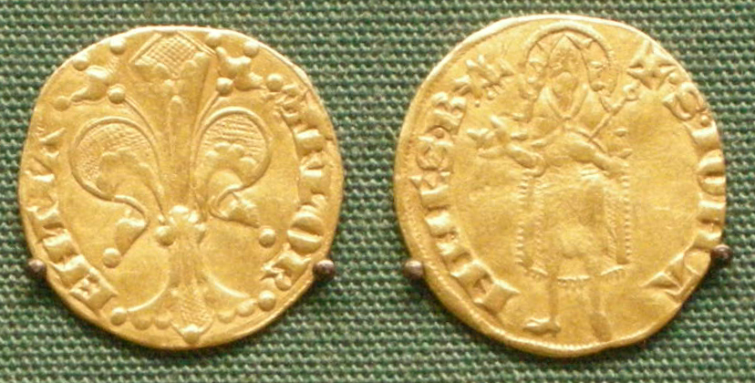 Флорентийский флорин (1252–1303), на аверсе городской герб, лилия и надпись по кругу "FLORENTIA", на реверсе - Иоанн Креститель, святой покровитель города.