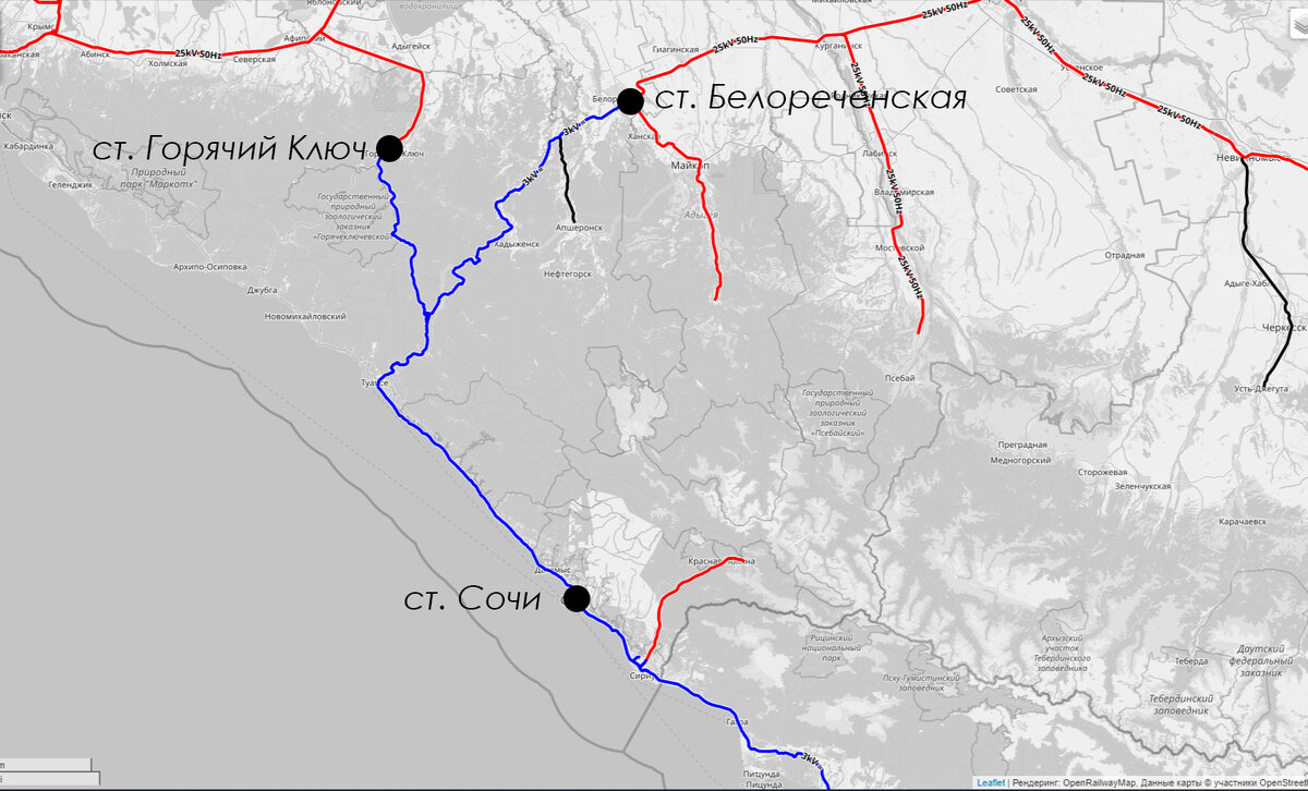 Скриншот с Openrailwaymap.org | Синим обозначена электрификация постоянным током, красным - переменным током.