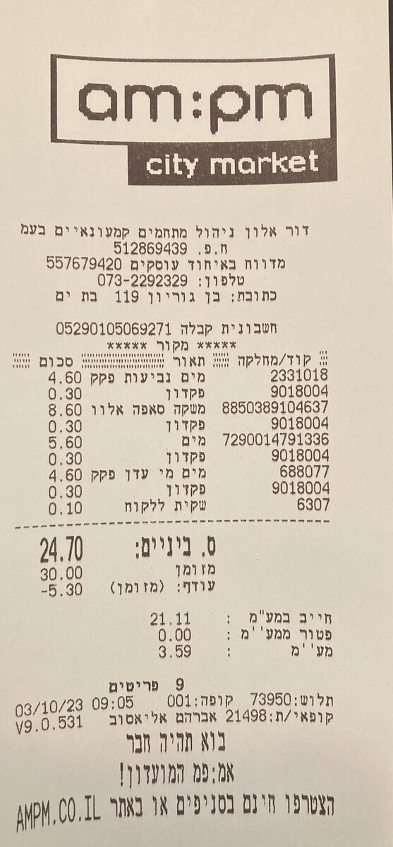 Такой чек выдали в магазине за покупку воды. Это самый обычный ближайший к моему отелю сетевой супермаркет AM:PM, в Израиле таких магазинов много в каждом городе (в Бат-Яме мне известно есть 4 таких, в Тель-Авиве видела лично 2 в части Яффо), также есть вариант онлайн-магазина с доставкой