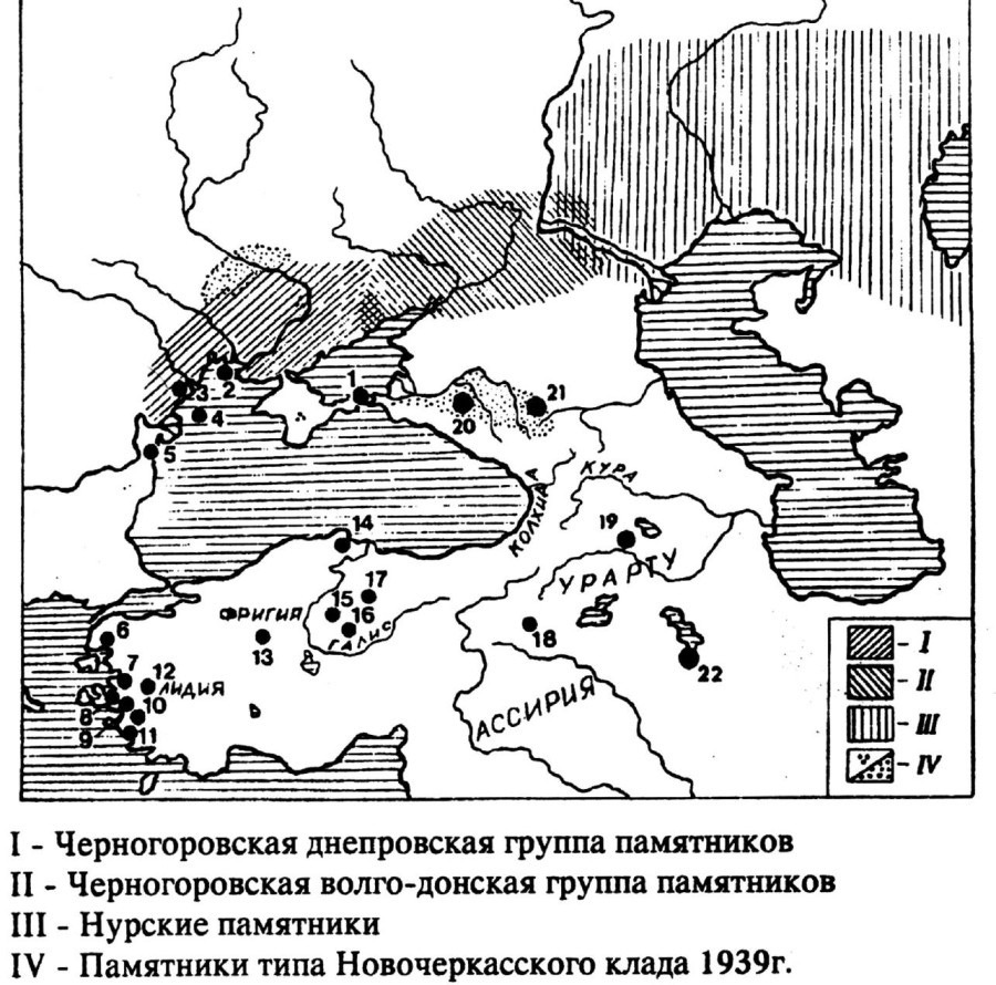 карта распространения предскифских культур из монографии Тохтасьева, Алексеева и Качаловой