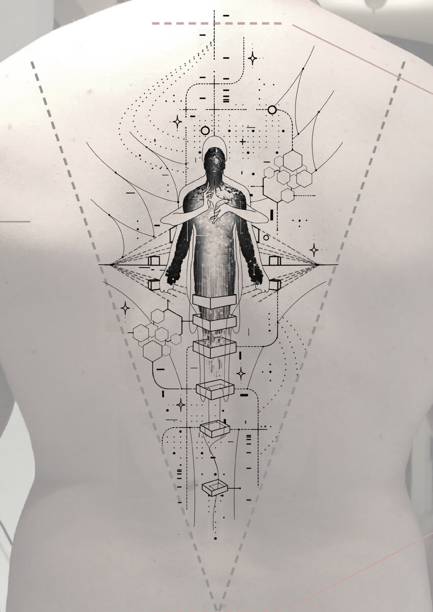 пример разметки дизайна на спине клиента в соотвествии с геометрией тела
