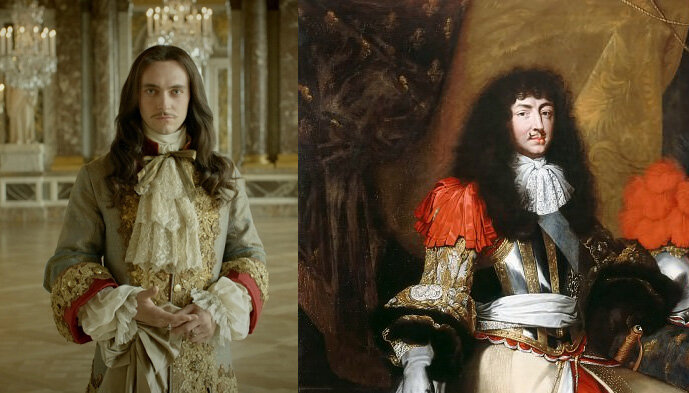 Джордж Благден в роли Людовика XIV - кадр из сериала "Версаль" (слева) и портрет Людовика XIV кисти Клода Лефевра