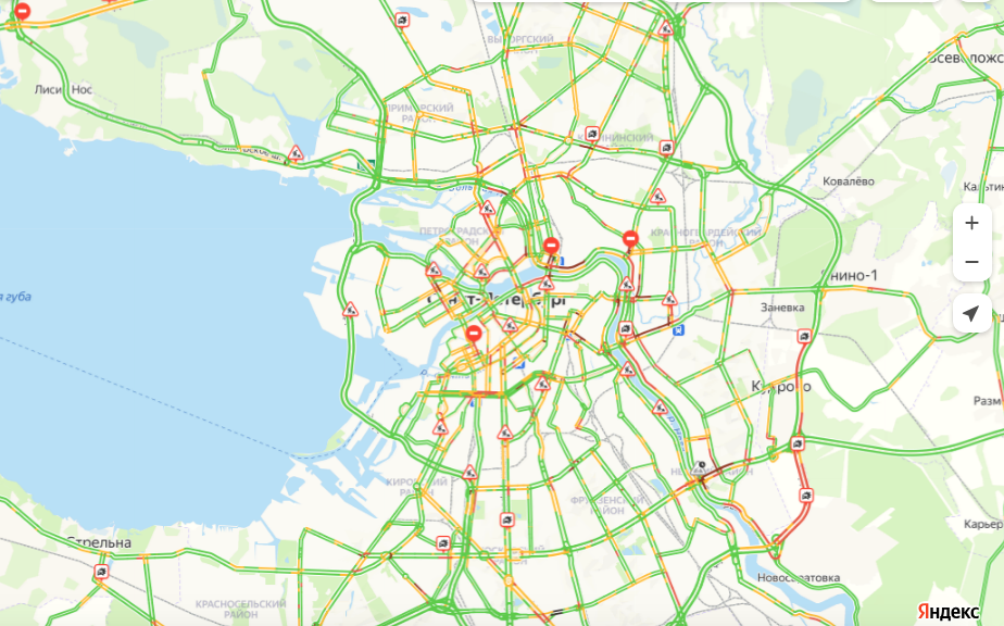    Дорожная обстановка в Петербурге утром 4 октября 2023 года. Автор фото: "Яндекс.Пробки"