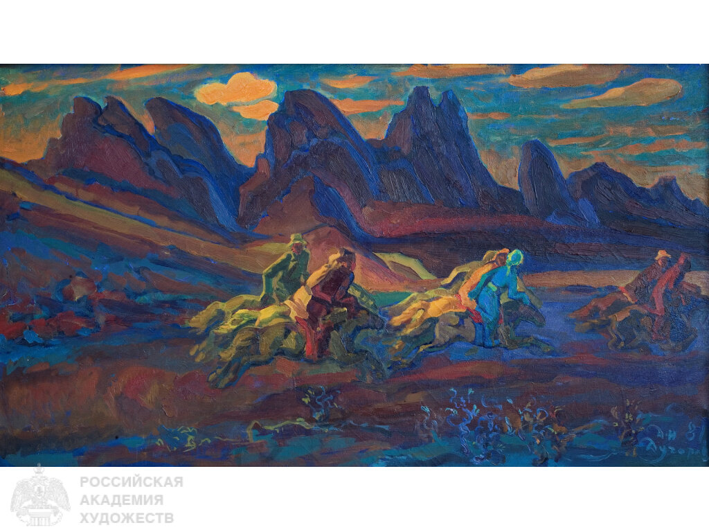 Д.Д. Дугаров (1933-2001). Скачущие всадники. В Умэнгови. 1981. Холст, масло. 80х140. Национальный музей Республики Бурятия.