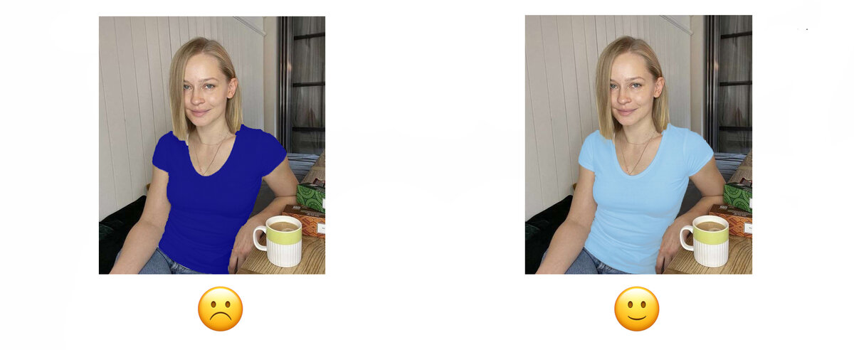 У Юлии светлый колорит. Ярко-синяя футболка перетягивает внимание от лица и делает тон болезненным. В голубой футболке образ выглядит цельным, у лица - свежий вид.