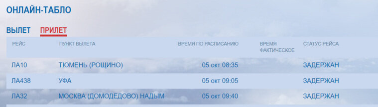    Данные онлайн-табло аэропорта Салехард