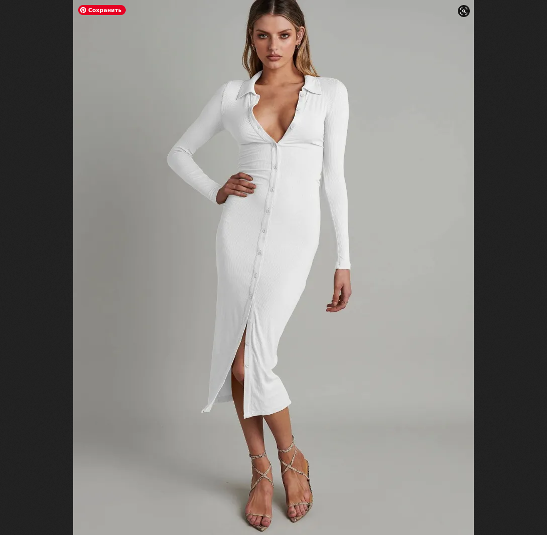 Женское однобортное трикотажное платье-миди с длинным рукавом и отложным воротником 