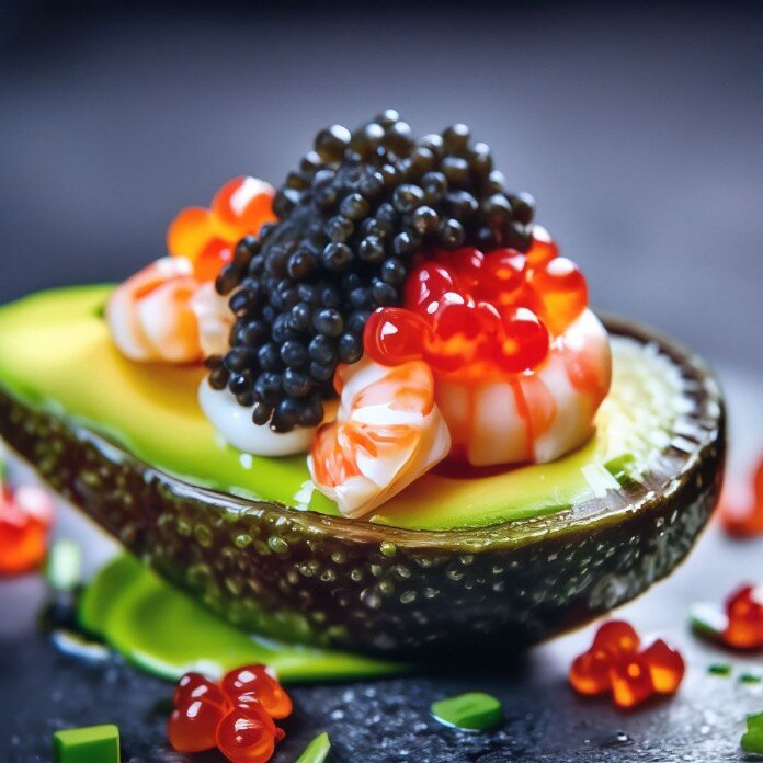 Авокадо с креветками, тунцом и икрасной икрой готов. Приятного аппетита!