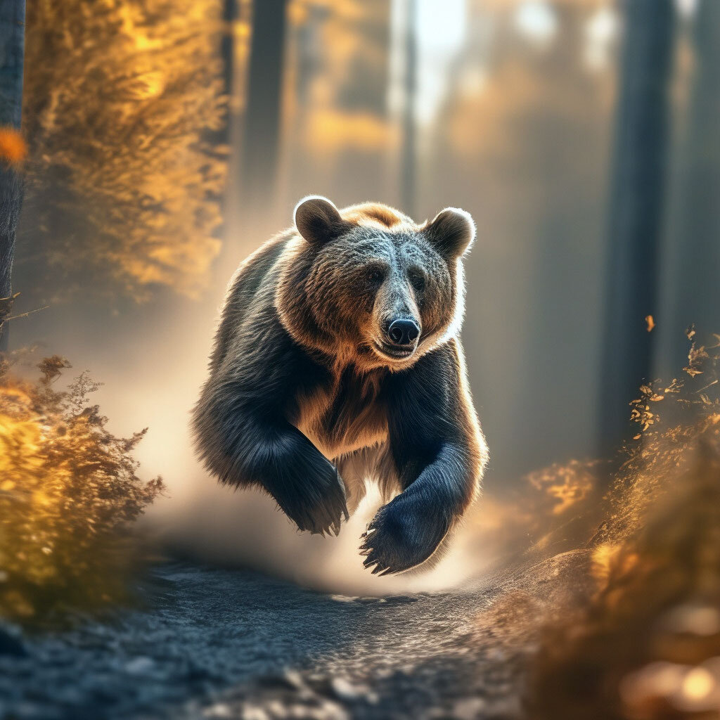 Медведь в прыжке. Нейросеть Шедеврум. Если медведь посчитает, что вы для него опасны, в последний момент он может отказаться от нападения и отвернуть в сторону.