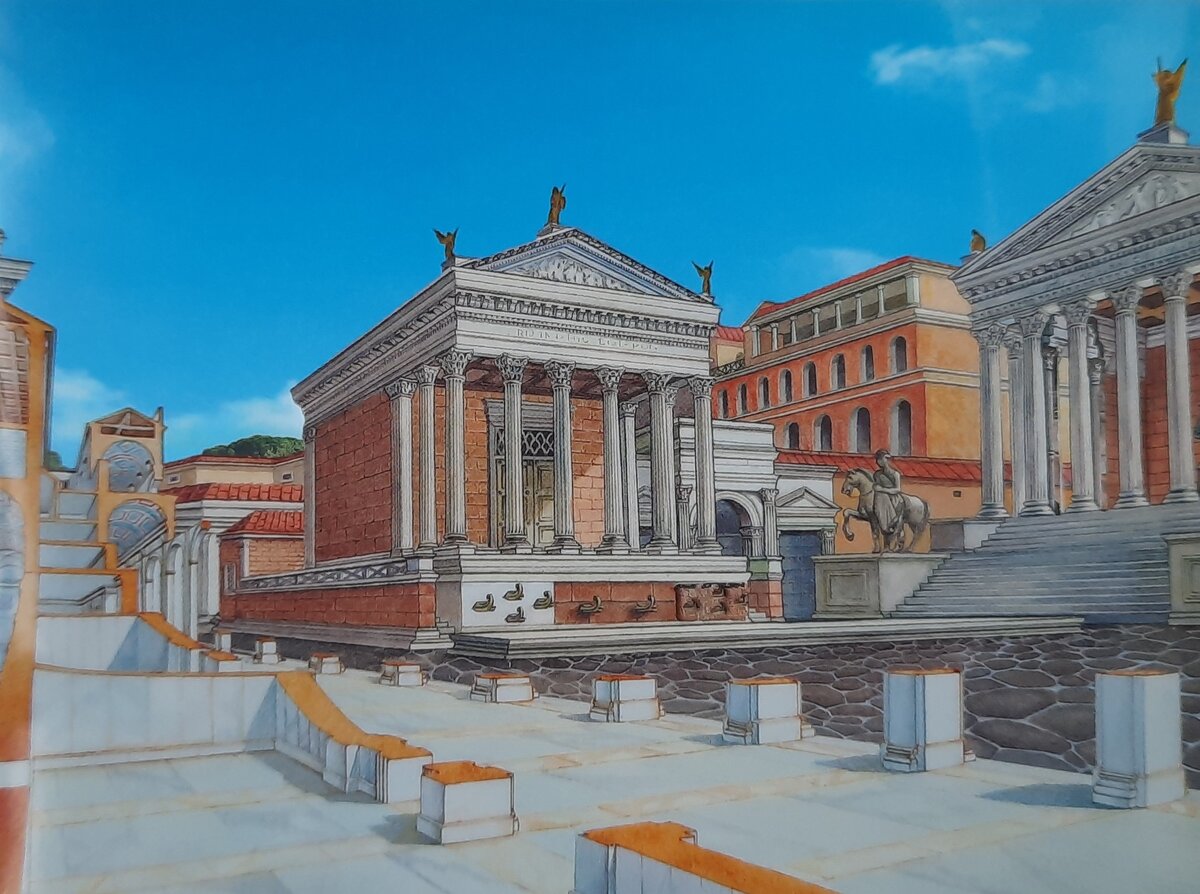 Храм Цезаря. Справа храм Диоскуров. Реконструкция. 