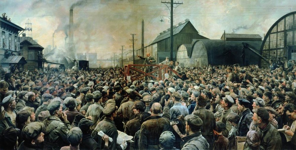 Выступление В. И. Ленина на митинге рабочих Путиловского завода в мае 1917 года. И. И. Бродский, 1929