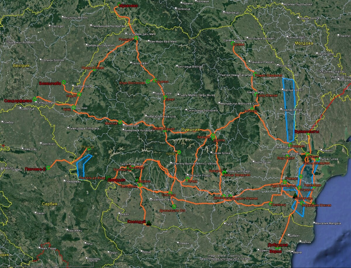 Сеть 400 кВ Румынии с транграничными ВЛ. Голубым показаны районы расположения ВЭС