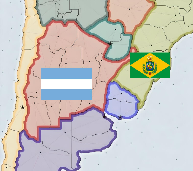 Слева красным выделены примерные территории Соединенных провинции южной америки ( или же Аргентина) Справа желтым Бразильская империя, синий кусочек между ними уругвай, который входит в состав Бразильской империи 