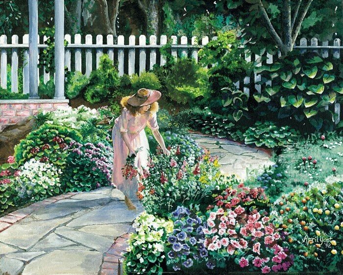 I cut some flowers from my garden. Маленькая садовница картина Лесли Джордж. Цветущий сад живопись. Цветы в саду живопись. Картина дача.