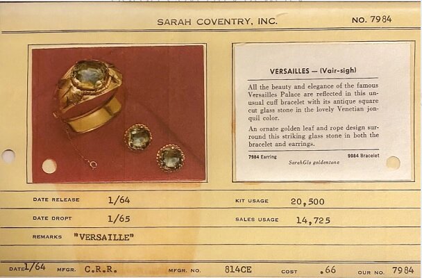 Кардекс, на котором представлены брошь и клипсы Versailees, 1964-65 гг
