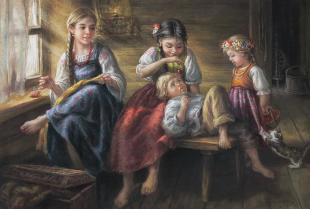 Брат ухаживает за сестрой. Маковский ткачиха. Картина Маковского крестьянские дети. Маковский 2 матери.
