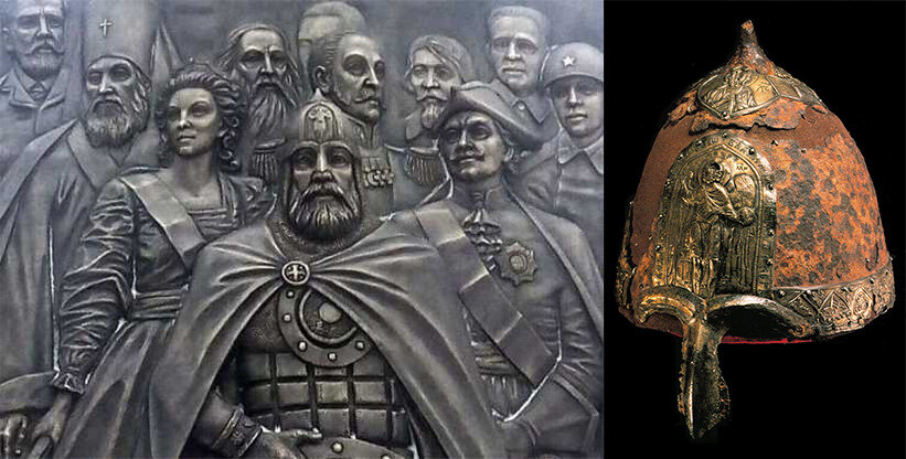 Фрагмент памятника "700-летию Клина" и Ярославов шлем из Оружейной палаты.