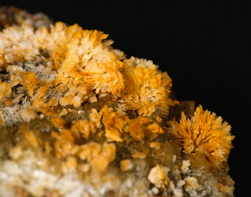 Оранжевые кварцевые цветы. Поле зрения 6 см. Фотография Маленький Минералог.