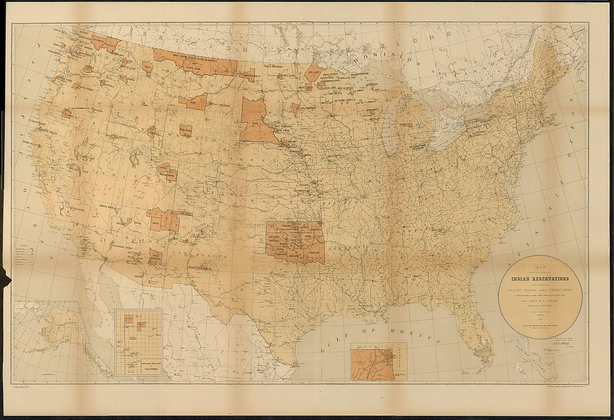 Карта Пола Броди, показывающая расположение индейских резерваций в пределах Соединенных Штатов , 1885 год