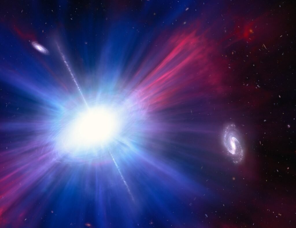    This is an artist’s concept of one of the brightest explosions ever seen in space. Called a Luminous Fast Blue Optical Transient (LFBOT), it shines intensely in blue light and evolves rapidly, reaching peak brightness and fading again in a matter of days, unlike supernovae which take weeks or months to dim. Only a handful of previous LFBOTs have been discovered since 2018. And they all happen inside galaxies where stars are being born. But as this illustration shows, the LFBOT flash discovered in 2023 by Hubble was seen between galaxies. This only compounds the mystery of what these transient events are. Because astronomers don’t know the underlying process behind LFBOTs, the explosion shown here is purely conjecture based on some known transient phenomenon. [Image Description: An illustration of one of brightest explosions ever seen in space. Called a Luminous Fast Blue Optical Transient (LBOT), it shines intensely in blue light. It appears as a bright white blob left of centre where blue-white and red rays sprout out from it. Toward the right of the image there is a white spiral galaxy. To the upper left is another whitish galaxy shaped like a cigar. The LFBOT doesn’t seem to be associated with either galaxy.] Александр Шереметьев