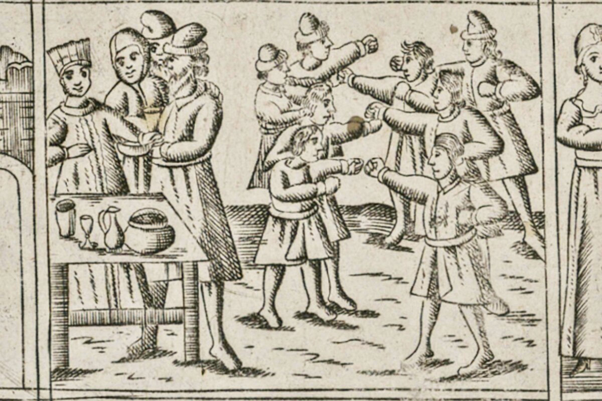 «Кулачные бои в честь встречи Масленицы». Фрагмент лубка «Семик и Масленица», XVIII век, общественное достояние.