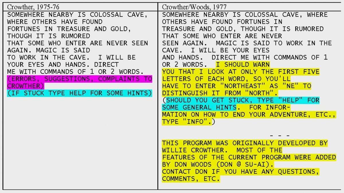 Примеры различий текстового содержания Adventure и Colossal Cave Adventure.