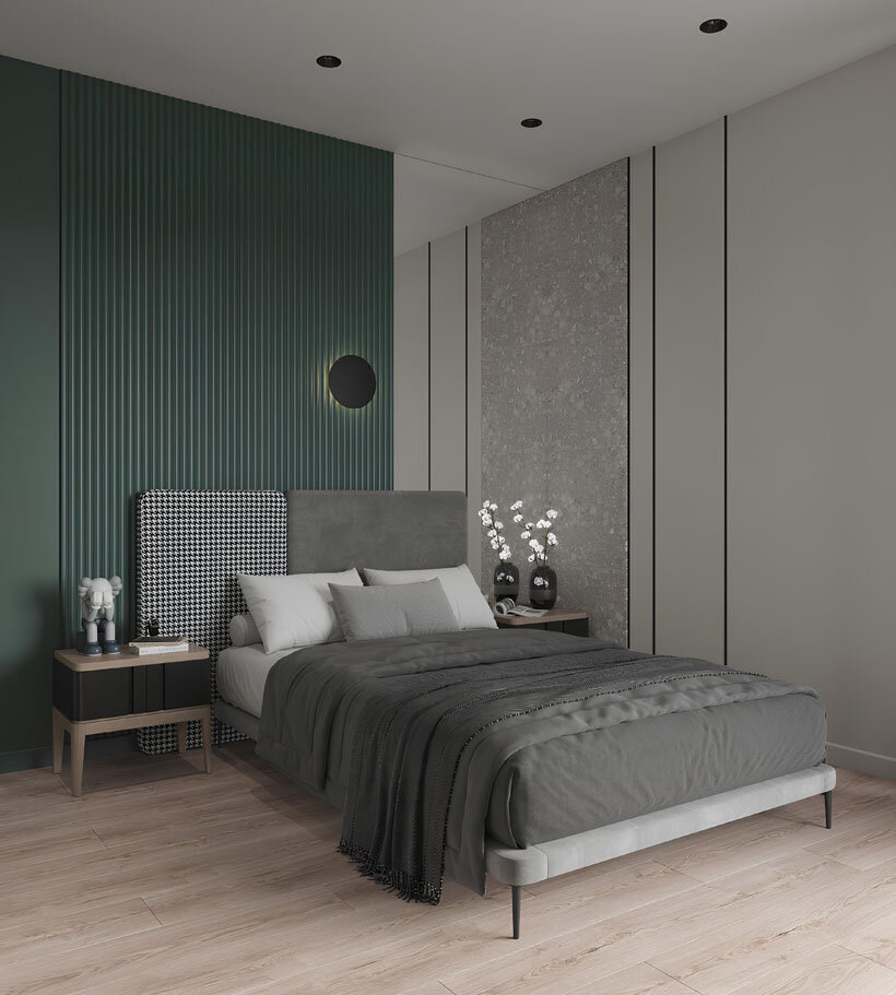 часть стены у зеркала детской комнаты, отделана керамогранитом под серый камень, который отражается в зеркале