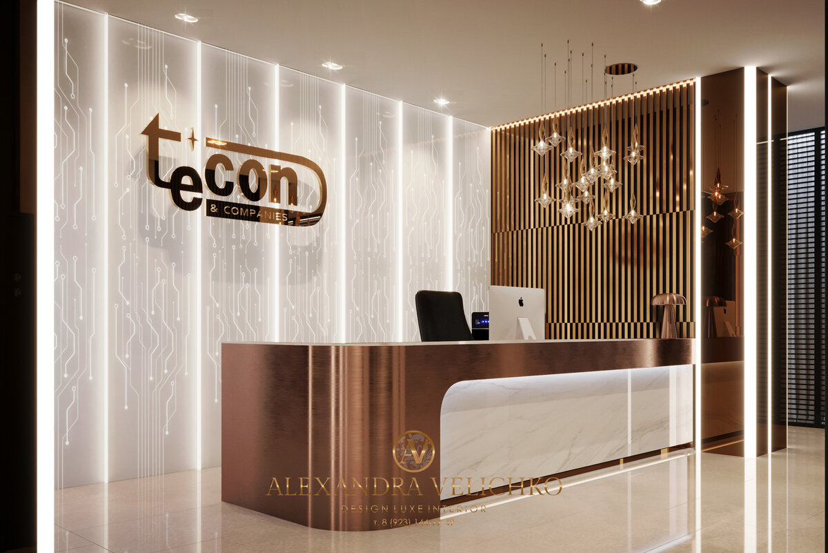 Логотип украшает декоративные панели с орнаментом микросхем, вертикальные подсветки делают помещение просторнее и выше.