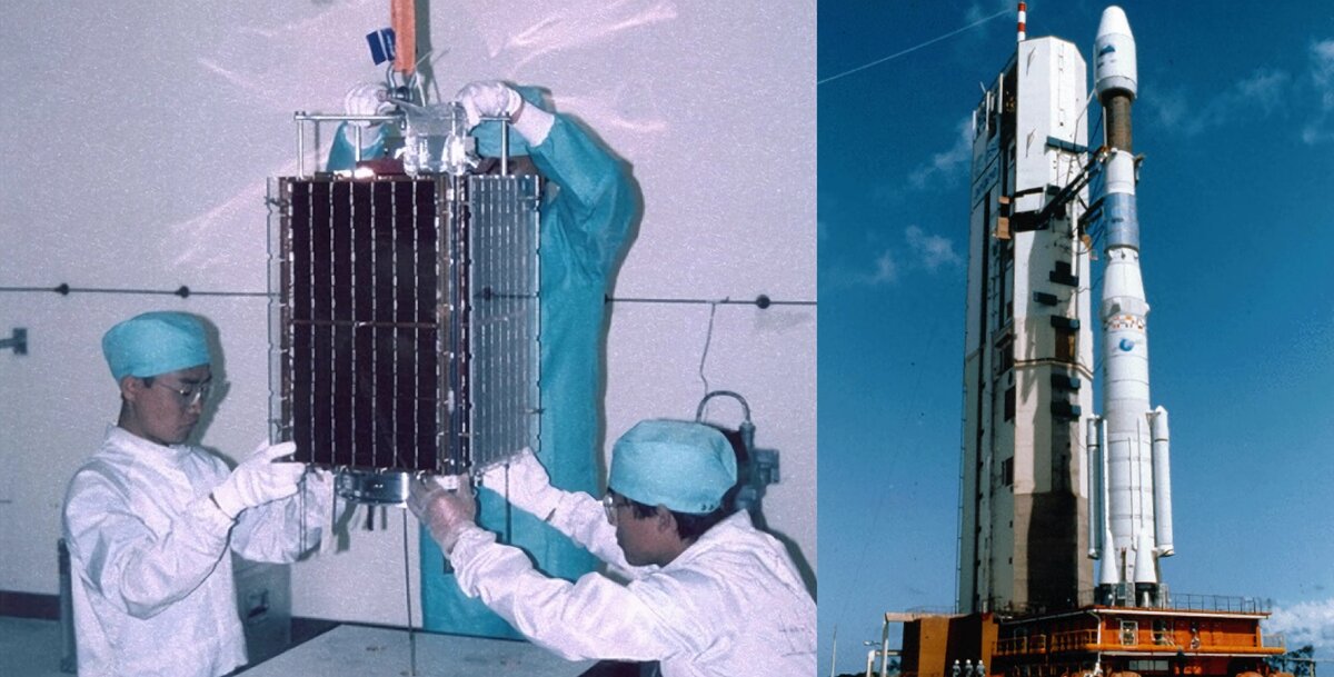 Первый спутник Республики Корея Kitsat-1, и ракета Ariane-4, на которой он был запущен. 