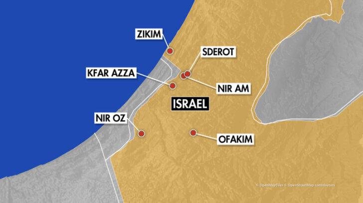 Карта районов в Израиле, пострадавших от ракет ХАМАС в субботу утром. (Fox News)