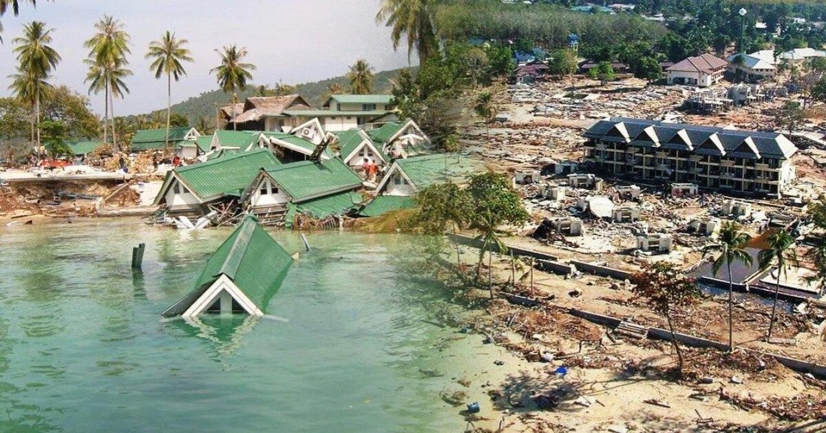 On that picture, you can see consequences of tsunami. The tsunami led to flooding and destroyed houses. Btw , that is phuket island on which happened that event. That happened in 2004. Approximately 8,500 people died then.