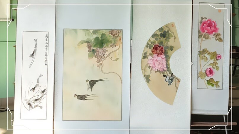 Рисовая бумага разная. Оформление законченной работы на шелковом свитке.