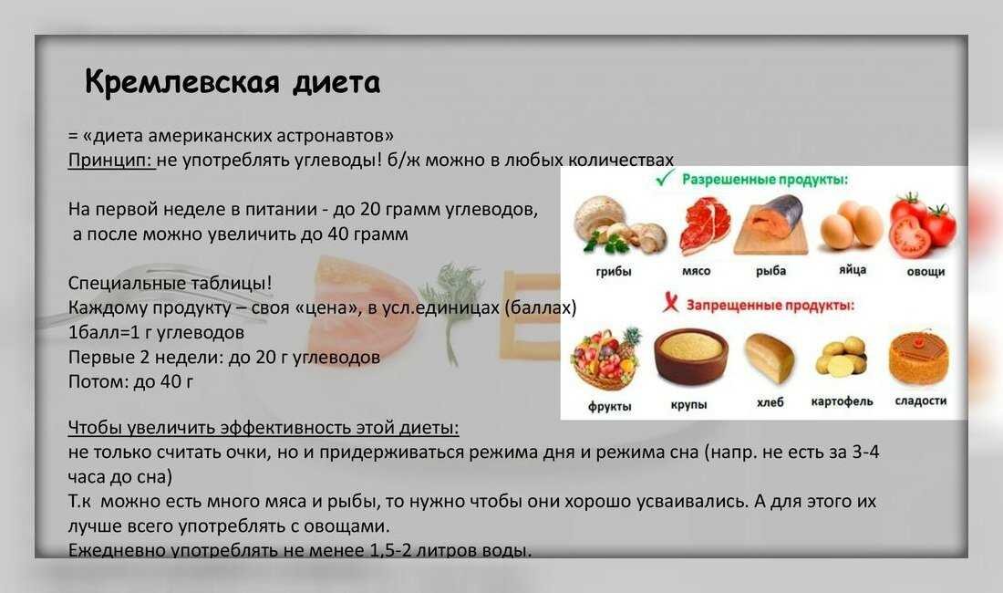 Кремлевская диета: полная таблица с баллами, меню на неделю