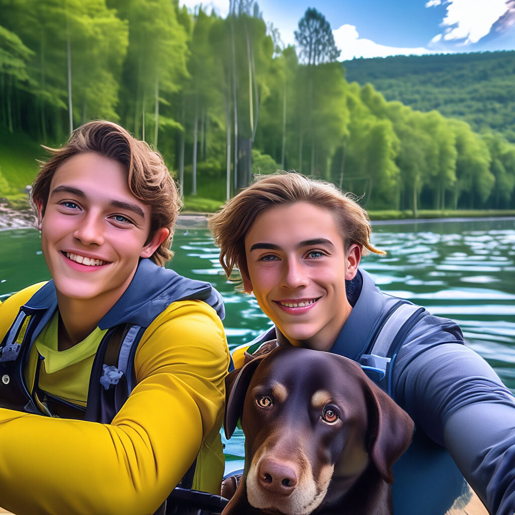 Два молодых человека и собака на лодке, селфи. Нейросеть Шедеврум.