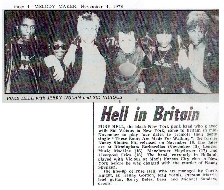 Вырезка из журнала Melody Maker от 4 ноября 1978, в которой сказано, что PURE HELL играли с Сидом Вишеcом в Нью-Йорке до его обвинения в убийстве Нэнси Спанджен. 