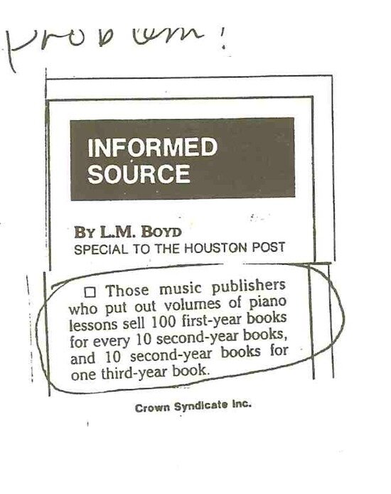 Текст из статьи: "Те музыкальные издатели, которые выпускают 100 книг для первого года обучения, выпускают 10 для второго и 1 для третьего" 