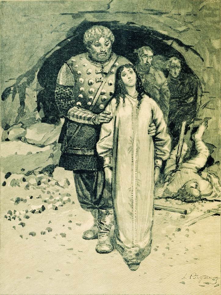 Андрей Рябушкин. Добрыня Никитич с младшей сестрой Малушей. 1895. (Иллюстрация к книге «Русские былинные богатыри»)