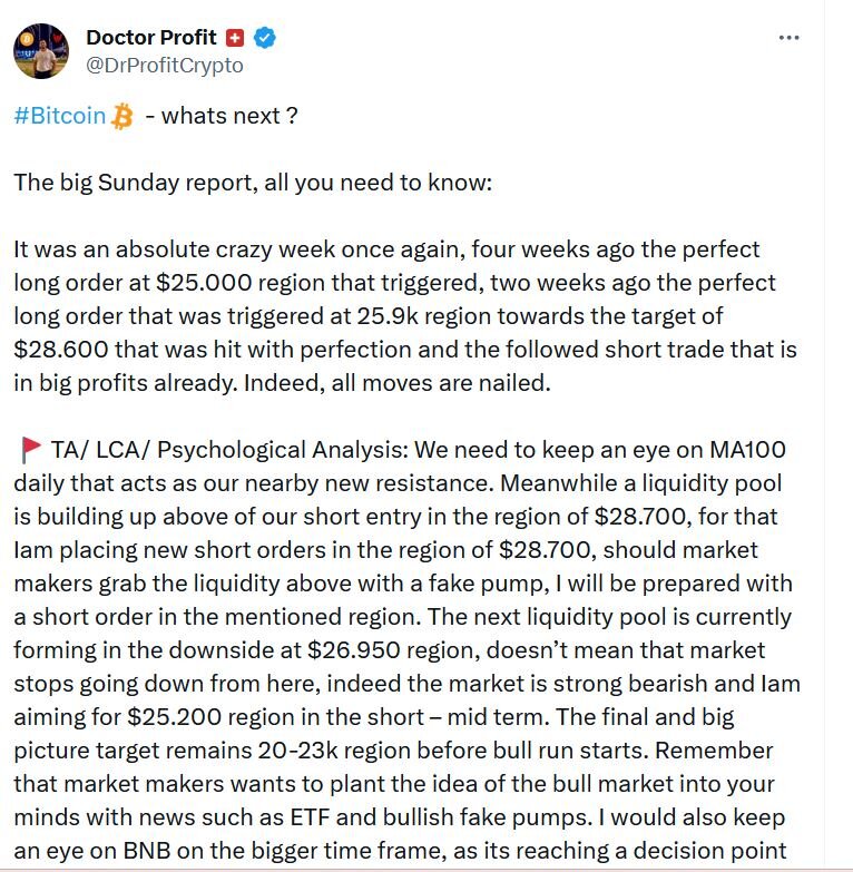 По словам Doctor Profit, переход к 28600 идеально совпал с его  рекомендацией по длинной торговле, сделанной месяц назад, когда Биткоин  торговался около 25 000$. Последующая распродажа также позволила ему  заработать на своевременной короткой сделке, которая уже принесла  прибыль.
Doctor  Profit внимательно следит за 100-дневной скользящей средней, которая в  настоящее время действует как сопротивление. Он видит потенциал для  маркет-мейкеров поднять цену выше $28 700, чтобы получить ликвидность, и  подготовил лимитные ордера для коротких позиций в этой области.