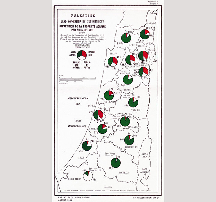 КТО ИСТИННЫЙ ХОЗЯИН ЗЕМЕЛЬ К МОМЕНТУ ОБРАЗОВАНИЯ ИЗРАИЛЯ, ХОРОШО ВИДНО НА КАРТЕ 1945 ГОДА. АРАБСКАЯ СОБСТВЕННОСТЬ ОТМЕЧЕНА ЗЕЛЕНЫМ ЦВЕТОМ, ЕВРЕЙСКАЯ — КРАСНЫМ. ФОТО: GLОBALLООKPRЕSS
