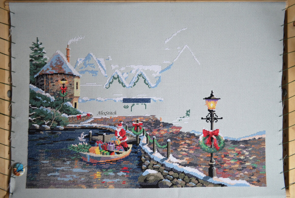 Dimensions "Christmas Cove", этап процесса вышивки. Март 2023.
