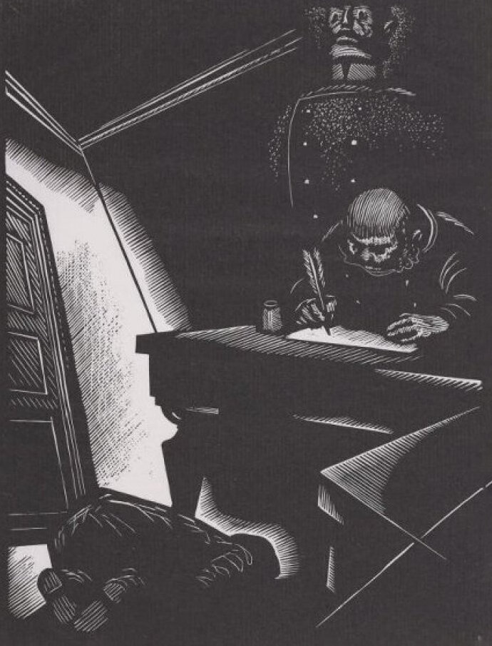 Андрей Гончаров. №4 к произведению Сухово-Кобылина «Смерть Тарелкина». Гравюра // Источник: permartmuseum.com/exhibit/26615