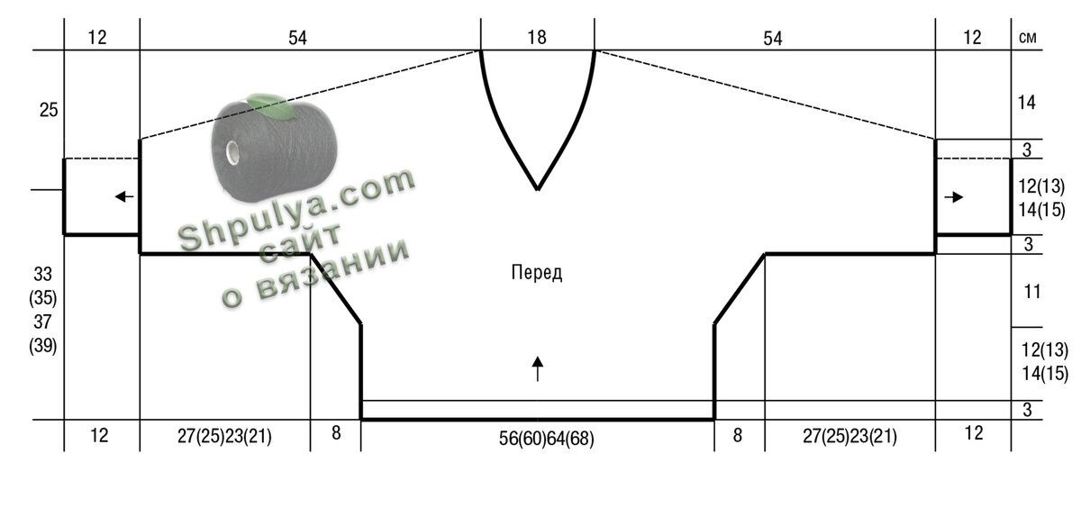 Выкройка вязаного женского пуловера спицами