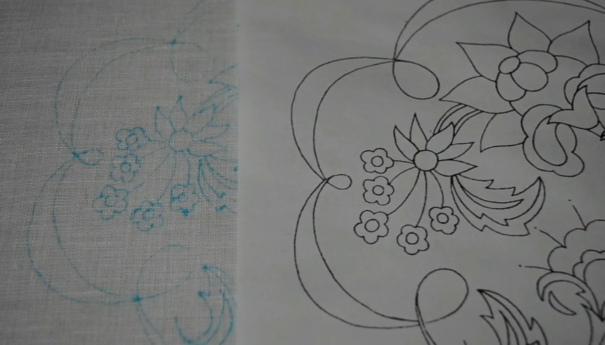 Подготовка процесса вышивки. Рисунок на ткани и скан схемы.